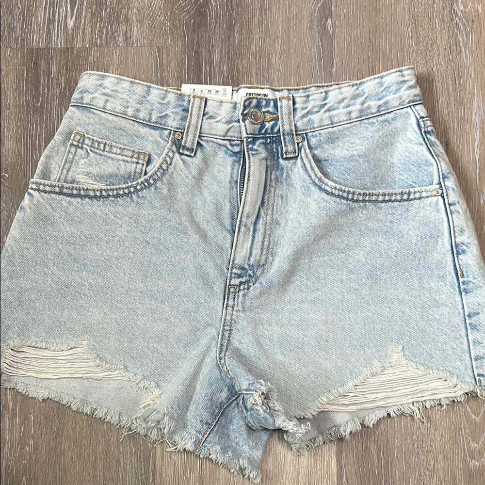 Denim Blue Distressed High Mom Shorts